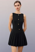 Boat Neck Pleated Button Decor Sleeveless Mini Dress in Black