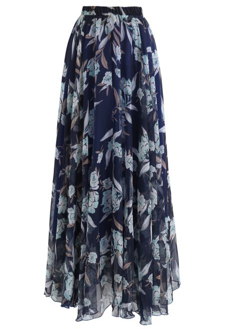 Flower Season Chiffon Maxi Skirt in Navy