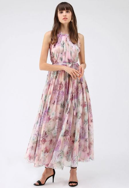 Sunflower Blossom Watercolor Chiffon Maxi Slip Dress