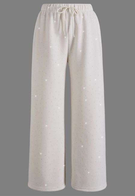 Drawstring Waist Rhinestone-Embellished Fleeced Pants in Cream