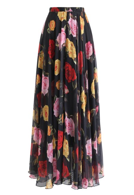Blooming Rose Watercolor Maxi Skirt in Black