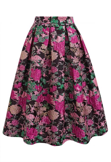 Metallic Peony Jacquard Embossed Pleated Midi Skirt