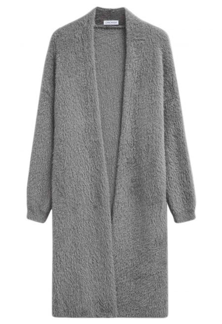 Cloud Touch Fuzzy Knit Longline Cardigan in Grey