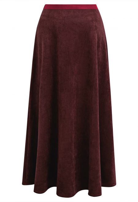 Faux Suede Elastic-Waist Maxi Skirt in Burgundy