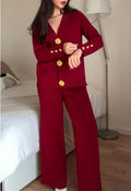 Golden Button Patch Pocket Knit Cardigan and Pants Set in Red
