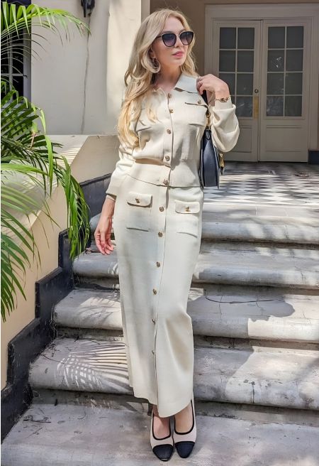 Standout Button Embellished Knit Top and Midi Skirt Set in Ivory