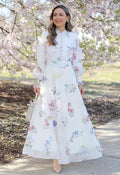 Botanical Printed Puff Sleeve Organza Shirt and Maxi Skirt Set in White