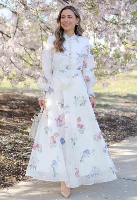 Botanical Printed Puff Sleeve Organza Shirt and Maxi Skirt Set in White