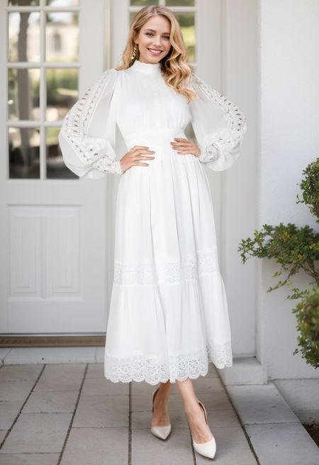 Victorian Elegance Cutwork Lace Maxi Dress in White