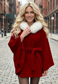Faux-Fur Collar Tie-Waist Bowknot Hooded Knit Cape Coat in Red