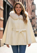 Faux-Fur Collar Tie-Waist Bowknot Hooded Knit Cape Coat in Ivory
