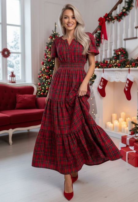 Blissful Cheer Tartan Notch Neckline Maxi Dress in Red