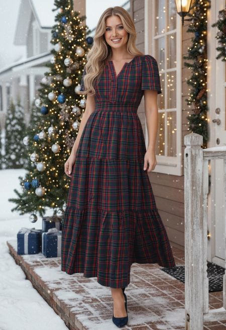 Blissful Cheer Tartan Notch Neckline Maxi Dress in Navy