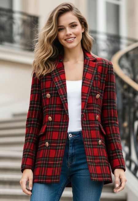 Red Tartan Double-Breasted Blazer