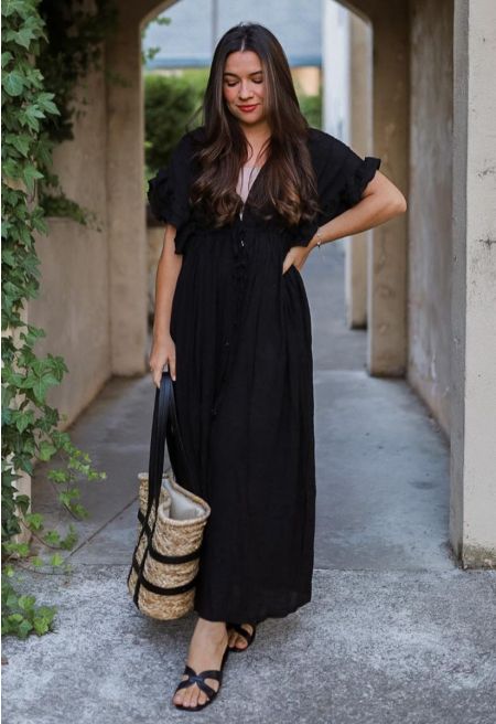 Ruffle Sleeves Deep V-Neck Cover Up in Black
