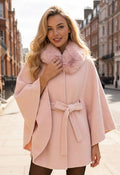 Faux-Fur Collar Tie-Waist Bowknot Hooded Knit Cape Coat in Pink