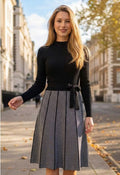 Herringbone Print Mock Neck Belted Knit Dress in Black