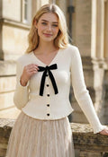 Velvet Bow Brooch Heart Buttoned Knit Top in Ivory